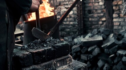 Canvas Print - Macro view of a blacksmith fanning a coal forge, illustrating the traditional use of coal in craft and metalworking.