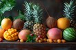Variety of fruits and berries. Food fruits background. tropical fruits such as pineapples, coconuts, mangoes, and watermelon