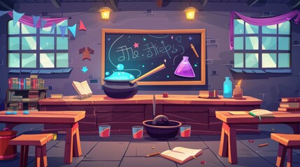 Wall Mural - An interior of a magic school with wooden desks for pupils and a chalkboard for writing. A cauldron, witch hat, spell book, wizard wand, and broom are on the table of the teacher. Cartoon modern