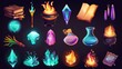A set of comic cartoon icons for a game about witchcraft or wizardry, including magic amulets, crystals, spell books, and cauldrons, isolated on a black background.