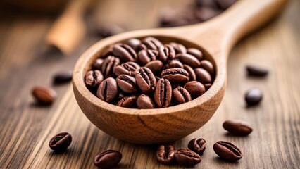 Poster -  Aromatic coffee beans in a wooden bowl