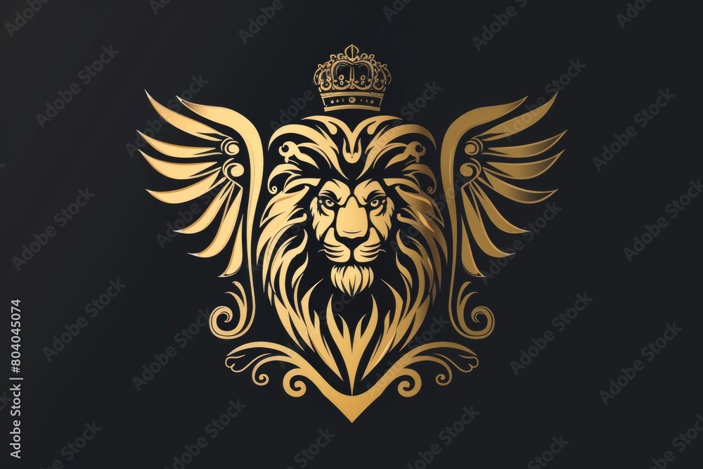 Majestic golden lion with wings and a crown, suitable for regal and ...