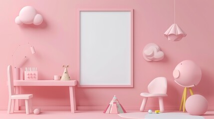 3D mockup of a blank picture frame for a child's room with a kids table, chair, white poster and clouds on the wall. Modern realistic interior of an empty playroom or kindergarten with a pyramid toy