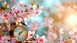 Alarm clock with cherry blossoms, switch to daylight saving time in spring, summer time changeover. Image of time. copy space for text.