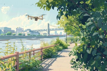 Wall Mural - A small plane flying over a river next to a bridge. Suitable for travel or transportation concepts