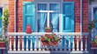Vintage house facade with a vintage balcony. Modern cartoon illustration of a house front with brick walls, downpipes, windows and curtains, a patio, and a flower pot in a white fence with a red cat.