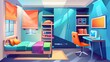 Bedroom in dorm with bunk bed, computer at desk, chair, wardrobes, bookshelf and bookshelf. Cartoon interior of college or university dorm, accommodation, or living apartment.
