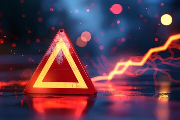 A red danger warning triangle sign placed on top of a wet floor surface, alerting to potential hazards. Generative AI