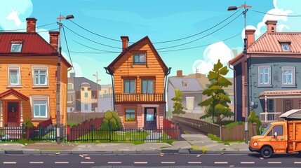 A suburban neighborhood with cottages viewed from wood house terrace with porch and railings. Street with residential dwellings, countryside homes and a garbage truck, cartoon 2D modern illustration.