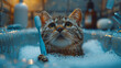 Cute tabby cat perched on a roof, looking out at the winter night