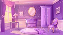 Living Room With Purple Flower Pattern Wall Decor, Purple Princess Room With Retro Furniture, Cupboard, Chair, Table, Mirror, And Floral Pattern. Cartoon Modern Illustration.