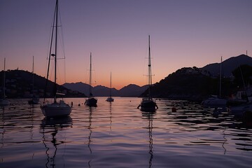 Wall Mural - A tranquil bay at twilight, with the last light of day reflecting off the calm waters and the silhouettes of sailboats moored in the harbor against the fading sky.