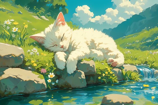 a cute cartoon cat is sleeping by the river