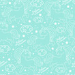 Line unicorns with stars on a mint background seamless pattern