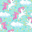 Unicorn with stars on a mint color background seamless pattern