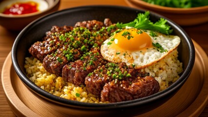 Poster -  Delicious Asianinspired breakfast with fried egg and meat on rice