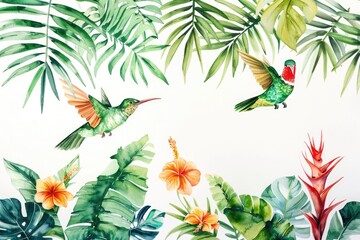 Naklejka na meble Vibrant watercolor painting of a hummingbird amidst lush tropical plants. Perfect for nature-themed designs