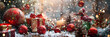 © Full_Chok - Christmas accessories with Christmas Ball, Santa Claus, sleigh, deer, presents. On A Winter on dark green background
