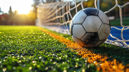 Wall Mural - Net Triumph Textured Soccer Game Field with a Ball in Front of the Soccer Goal