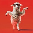 A white sheep with sunglasses, doing dance on red background