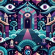 Seamless pattern of mystical portals and secret passageways, Generative AI