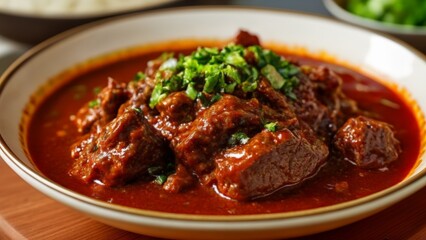 Wall Mural -  Delicious beef stew with a vibrant red sauce and fresh herbs