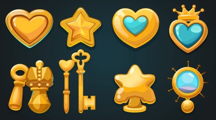 Wall Mural - The icon represents the key to a magic rpg game interface. A royalty-free modern set of golden elements include a heart, a prize and a clock.