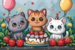 © Milos - Fondo de pantalla de feliz cumpleaños con lindos gatos.