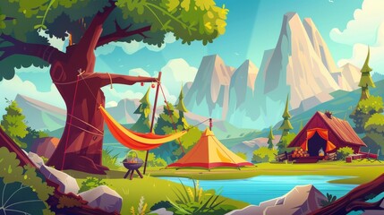 Wall Mural - Camp with tent and hammock on a tree in a green valley landscape. Modern cartoon illustration with tourist camping equipment, grill, axe, firewood, treehouse, and pretty scenery.