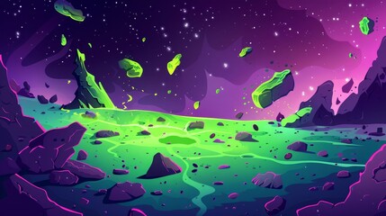 Poster - The surface of a green alien planet contains toxic neon in cracks and scattered stones as a result of an explosion or collision with a meteorite. Modern cartoon illustration of the end of the world.