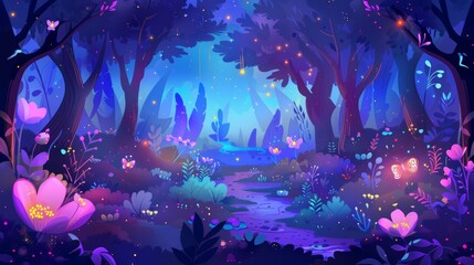 Wall Mural - A magical forest cartoon game landscape modern illustration. An idyllic summer garden with a path, flowers and fireflies. It is a magical, mystical woodland view.