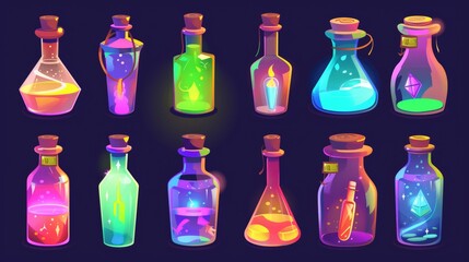 Wall Mural - The magical elixir bottles are set in a cartoon game modern illustration with vivid glowing liquids inside glass jars with corks. There are also vials and flasks filled with colored medicine.