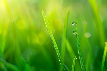 Sticker - dew drops on vibrant green grass blades, illuminated by morning light, capturing the essence of fresh, early morning nature.