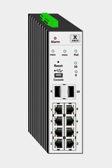 Wall Mural - Industrial PoE Ethernet switch for DIN rail mounting. Contains 8 RJ-45 Ethernet ports, 2 fiber optic SFP ports, one USB console port. At the top is the power connector. Vector illustration.
