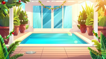 Wall Mural - A summer villa with a glass door facing a wooden patio, a poolside garden with green trees and lawn, a white fence, and garland lights in the backdrop. Illustration of a sunny day and a swimming pool