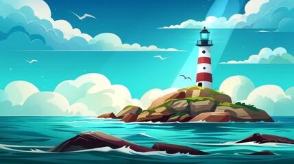 Wall Mural - Beautiful seascape illustration with a lighthouse on a sea island. Waves and birds flying high in the clouds, and a navigation beacon on a green piece of rock.