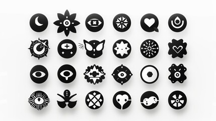 Wall Mural - Retrowave black icons set isolated on white background. Modern illustration of retro futuristic star, cube, planet, flower, butterfly, eyes, lollipop, sun, heart, wireframe landscape shape symbols