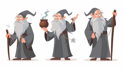 Wall Mural - Magician cartoon character with magic stuff. Illustration set with three different cultures of magicians and warlocks, all with grey long beards preparing potion in cauldrons and holding fantasy