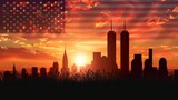 Fototapeta  - Memorial Day New York City skyline at sunset with an American flag waving in the foreground.
