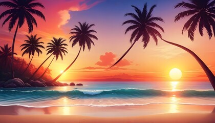 Wall Mural - Vector illustration of tropical beach in daytime. Hand-painted watercolor background.