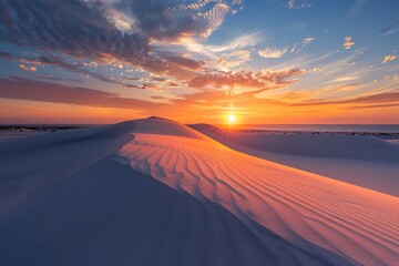 Fiery sunset over sand dunes with long shadows