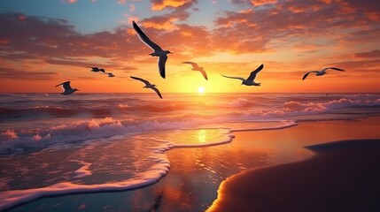 Poster - Beautiful sunset view over the sea with flying birds for nature concept background.