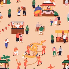 Poster - Chinese New Year street market, festive pattern. Asian festival celebration in Chinatown, seamless holiday print, background for textile, fabric, wrapping. Endless repeating flat vector illustration
