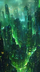 Wall Mural - Sci-fi Cityscape with Green and Blue Neon lights. Night scene with Futuristic Skyscrapers.