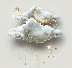 Wall Mural - 3d white cloud with stars and moon, glitter background