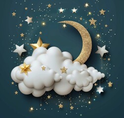 Wall Mural - 3d white cloud with stars and moon, glitter background