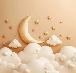 Wall Mural - 3d white cloud with stars and moon, glitter background