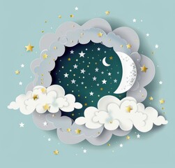 Wall Mural - 3d white cloud with stars and moon, glitter background