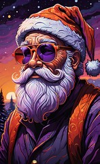 Wall Mural - Portrait illustration of Santa Claus with sunset orange and purple colors wearing sunglasses and Christmas hat.