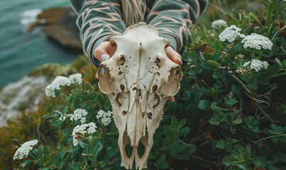 A woman's hands holds a deer skull over a bush along the shore of an island